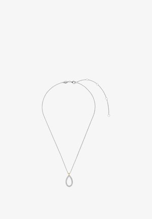 Silberne Kettenhalskette mit einem Tropfenanhänger, der mit strukturierten Details und einem kleinen goldenen Akzent nahe der Oberseite versehen ist. Ungefähr 45 cm lang.