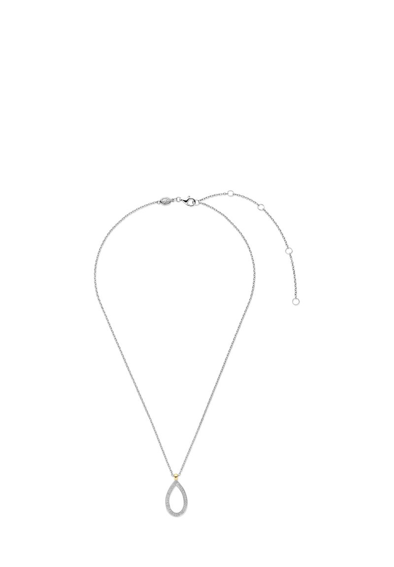 Silberne Kettenhalskette mit einem Tropfenanhänger, der mit strukturierten Details und einem kleinen goldenen Akzent nahe der Oberseite versehen ist. Ungefähr 45 cm lang.