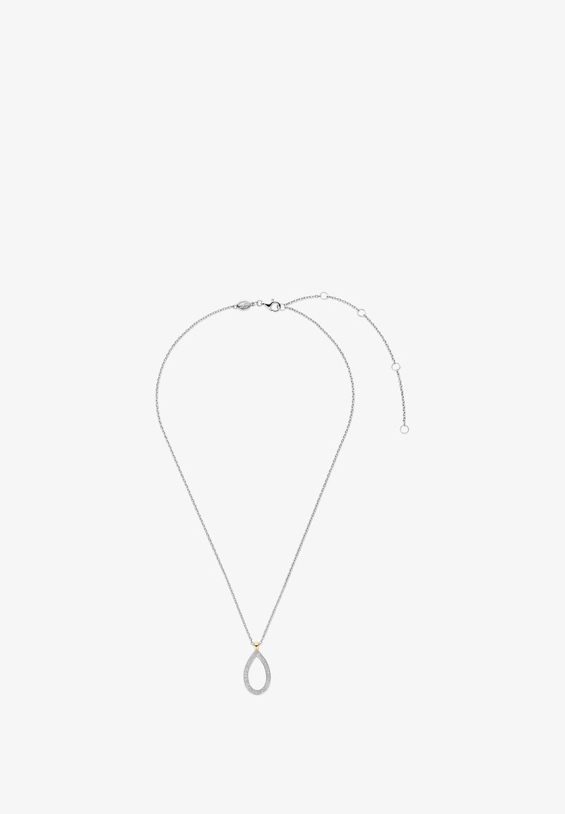 Silberne Kettenhalskette mit einem Tropfenanhänger, der mit strukturierten Details und einem kleinen goldenen Akzent nahe der Oberseite versehen ist. Ungefähr 45 cm lang.