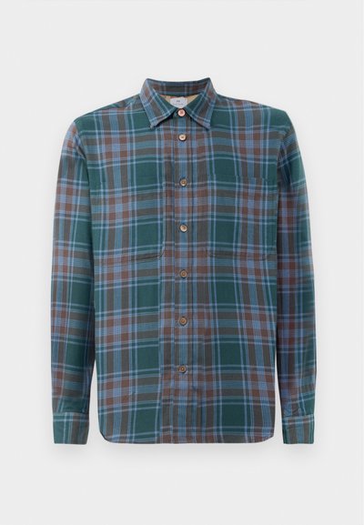 Roheline ruuduline särk, millel on pruunid ja sinised tšekid, nööbid eest, üks rinna tasku ja pikad varrukad. Kanga tekstuur näib kergena ja struktuurse.