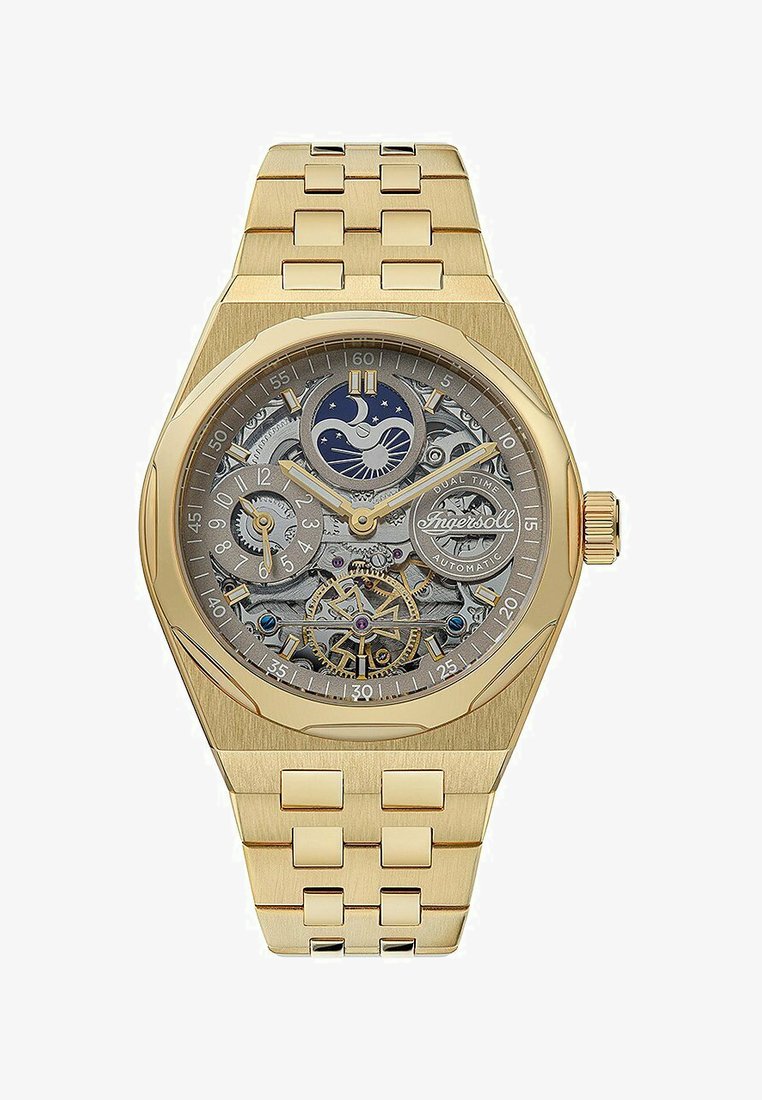 Goldfarbene Automatikuhr mit transparentem Skelettzifferblatt. Verfügt über eine Dual-Zeit-Anzeige, blaue Akzente und ein Armband im Stil eines Armbandes.