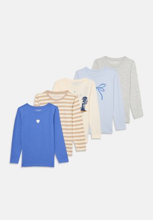 Five long-sleeve shirts: one blue with a heart, one beige striped, one cream with a design, light blue, and gray. Soft cotton fabric.