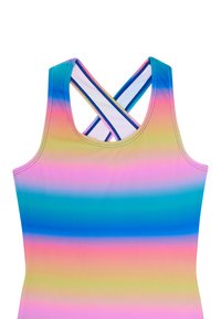 Débardeur de bain coloré présentant des rayures dégradées horizontales dans des teintes de rose, jaune, bleu et vert. Design croisé au dos, texture lisse et matière extensible.