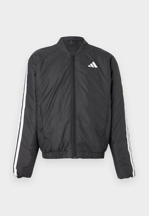 Crna bomber jakna s dugim rukavima, elastičnim pojasom, patentnim zatvaračem na cijeloj dužini i bijelim prugama uzduž rukava. Izrađena od laganog materijala.