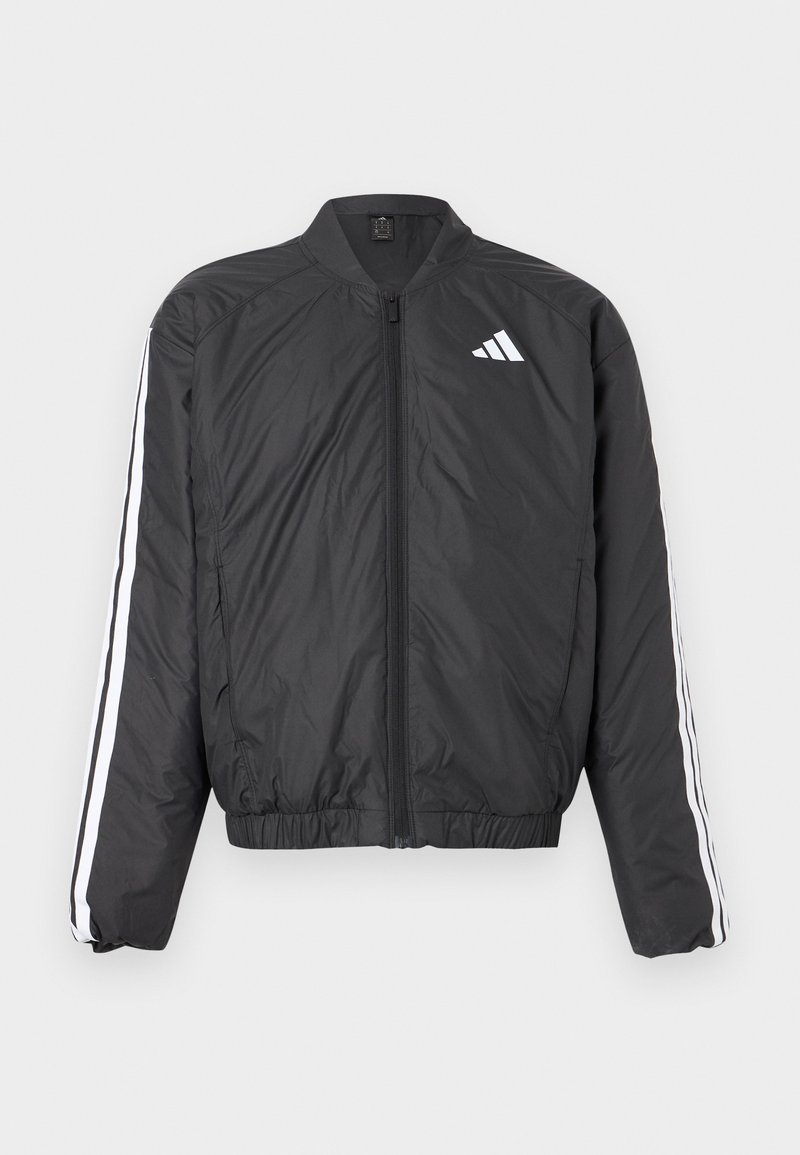 Schwarze Bomberjacke mit langen Ärmeln, elastischem Bund, durchgehendem Reißverschluss und weißen Streifen entlang der Ärmel. Hergestellt aus leichtem Material.