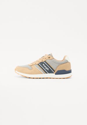 Beige and gray athletic shoe with suede and mesh materials, features blue stripes and "Wrangler" logo, rubber sole, and lace-up design.