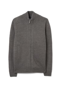 Grijze geribbelde gebreide cardigan met een hoge kraag, een voorrits en lange mouwen. Bevat een gestructureerde stof en aansluitende manchetten.