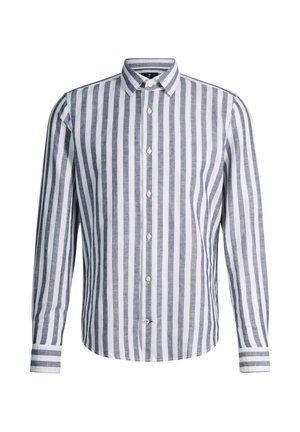 Overhemd met lange mouwen, verticale witte en grijze strepen en een puntige kraag.