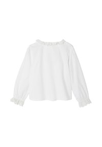 White long-sleeve top with a ruffled neckline and cuffs. Features a plain design and soft texture, suitable for casual wear.