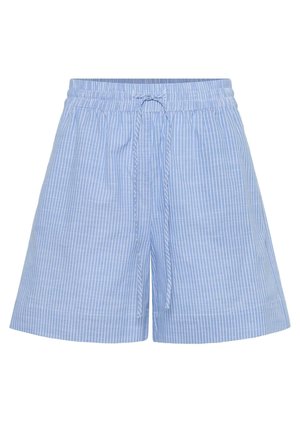 Lichtblauwe short met dunne witte verticale strepen, elastische tailleband en een voorstrikkoord.