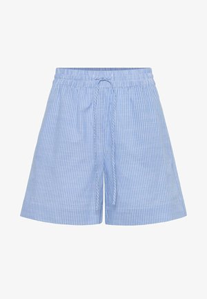 Lichtblauwe short met dunne witte verticale strepen, elastische tailleband en een voorstrikkoord.