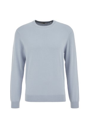 Lichtblauwe trui gemaakt van zachte stof, met een ronde halslijn, lange mouwen en geribbelde boorden en zoom met een gladde textuur.