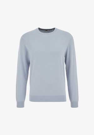 Hellblauer Pullover aus weichem Stoff, mit rundem Ausschnitt, langen Ärmeln und gerippten Bündchen sowie einem glatten Finish.