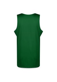 Canotta verde senza maniche realizzata in tessuto liscio. Presenta un collo rotondo e aperture per le braccia scese. La vista posteriore mostra un design semplice senza pattern.