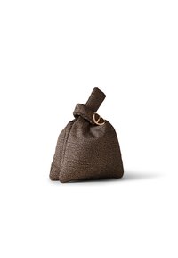 Brown textured bag with a knotted handle and an accent ring. Features a soft, rounded shape and a pattern created by small, raised dots.