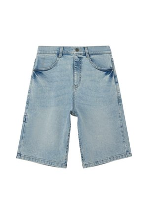Lichtblauwe spijkershorts met voorzakken, riemlussen, knoopsluiting en een knielange snit.