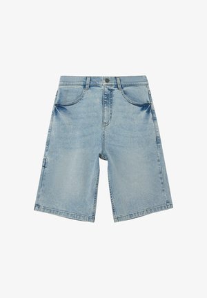 Jasnoniebieskie szorty dżinsowe z przednimi kieszeniami, szlufkami na pasek, zapięciem na guzik i krojem do kolan.