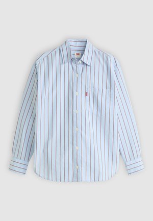 Hellblaues Button-Up-Hemd mit vertikalen roten Streifen, langen Ärmeln, einer Tasche und einem klassischen Kragen. Aus Baumwollstoff gefertigt.