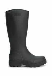 Botte de pluie en caoutchouc noire avec une texture lisse, un design haut, une semelle extérieure à motifs et un bout arrondi. Logo embossé sur la partie supérieure.