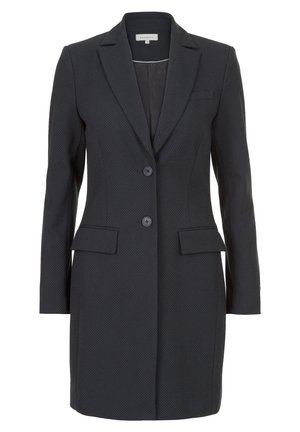 Schwarzer langer Blazer-Mantel mit feinem Punktemuster, zwei Knöpfen, vorderen Pattentaschen und Reverskragen mit Kerbe.