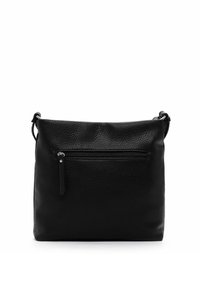 Black leather crossbody bag with a textured surface, featuring a front zipper pocket and an adjustable strap. Simple, rectangular design.