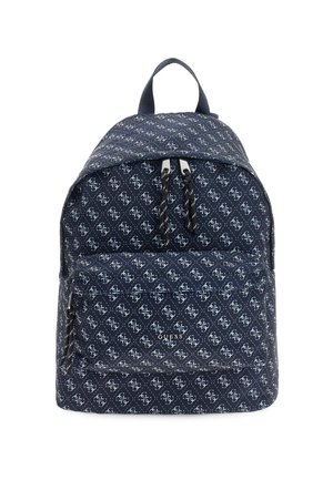 Zaino a motivi navy con texture trapuntata, dotato di tasca frontale con zip, spalline regolabili e logo sulla parte anteriore.