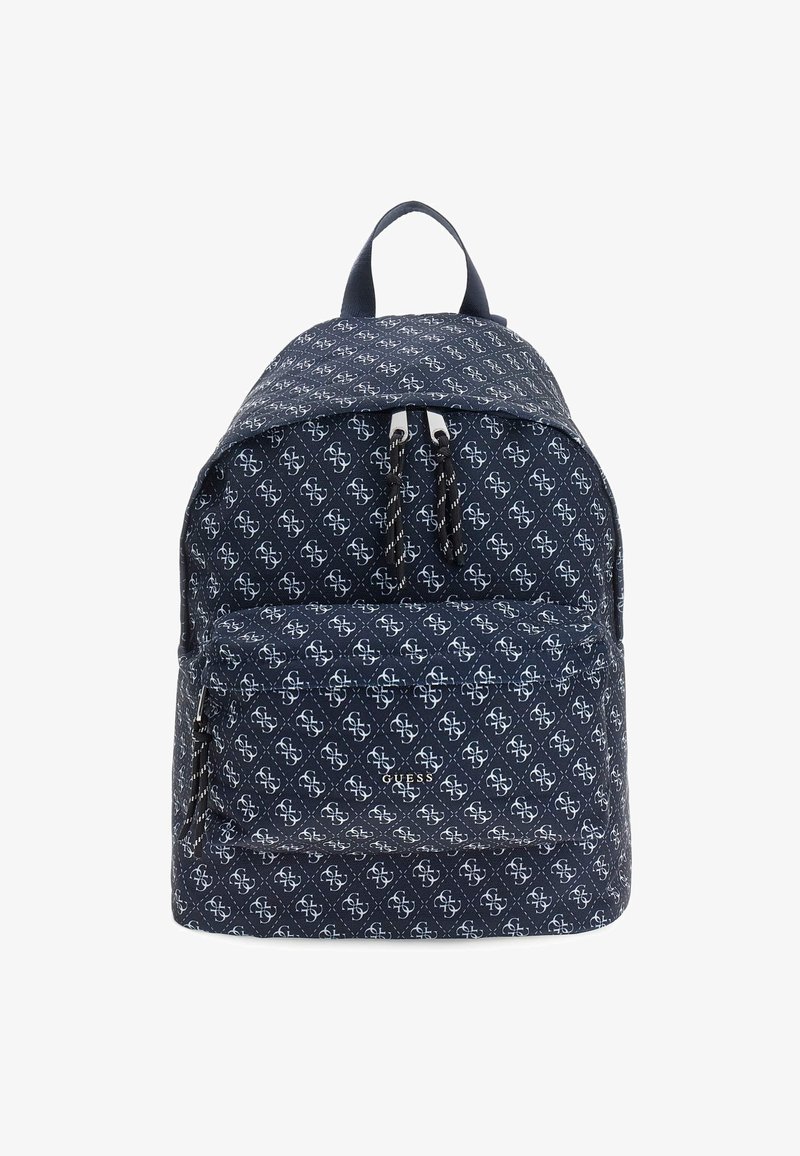 Rucsac cu model marin, cu o textură matlasată, având un buzunar frontal cu fermoar, curele ajustabile și branding pe față.