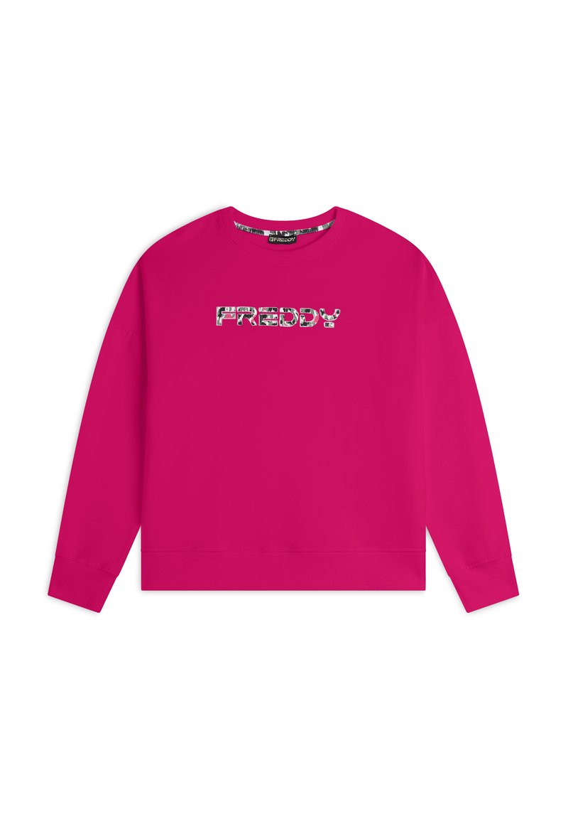 Felpa fucsia con maniche lunghe, caratterizzata da un logo "FREDDY" decorato sul davanti. Collo rotondo e vestibilità comoda.