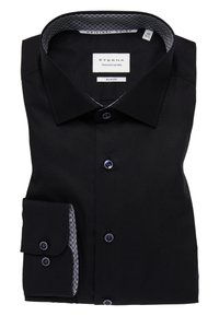 Schwarzes Slim-Fit-Hemd aus glattem Stoff, mit einem gemusterten Innenkragen, knöpfbarem Frontbereich und doppelten Manschetten mit dekorativen Akzenten.