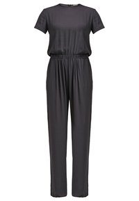 Tummanharmaa haalaripuku, joka on valmistettu sileästä kankaasta. Puvussa on pyöreä pääntie, lyhyet hihat, joustava vyötärö ja kapenevat lahkeet. Ei näkyviä kiinnityksiä.