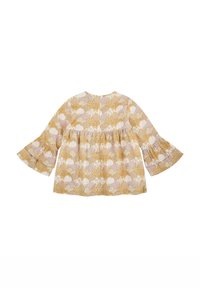 Blusa gialla e bianca a fantasia con maniche a campana, caratterizzata da forme a cuore e disegni floreali, colletto tondo e orlo arricciato.