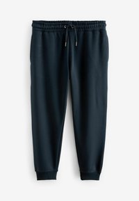 Donkerblauwe sweatpants van zachte stof, met een elastische tailleband met verstelbaar koord en geribbelde manchetten bij de enkels.