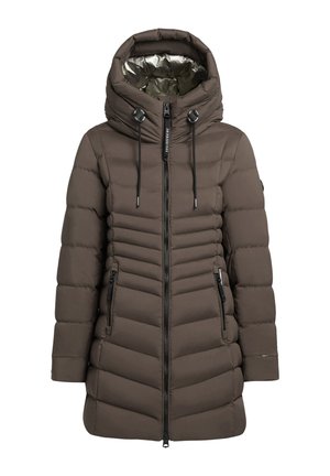 Prošívaná bunda v tmavě hnědé barvě s vysokým límcem, předním zapínáním na zip a chevronovým prošíváním. Má dvě boční kapsy a kapuci se šňůrkou.
