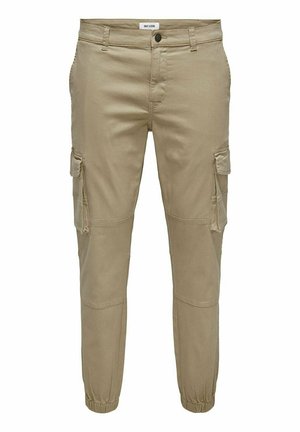Pantaloni cargo beige con polsini elasticizzati, dotati di molteplici tasche laterali e una vestibilità leggermente affusolata. Realizzati in resistente tessuto misto cotone.