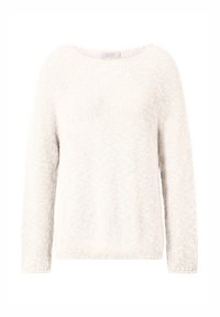 Suéter de punto color beige claro con mangas largas y un escote amplio en forma de barco. Presenta una tela texturizada y un ajuste relajado y holgado.