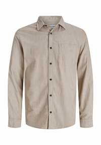 Beige long-sleeve button-up shirt with collar and chest pocket, made from soft textured fabric.