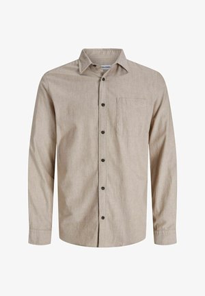 Bežs ilgu piedurkņu pogājamais krekls ar apkakli un krūšdaļas kabatu, izgatavots no mīkstas teksturētas auduma.