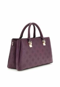 Sac à main violet avec des motifs floraux en relief, deux poignées arrondies et une quincaillerie en métal argenté. Design structuré avec un fond plat pour la stabilité.