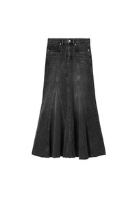 Falda midi de denim negro con cintura alta, bolsillos delanteros, cierre de botones y detalles de paneles acampanados en el dobladillo.