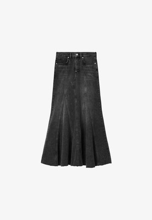 Gonna midi in denim nero con vita alta, tasche frontali, chiusura con bottoni e dettagli a pannelli svasati lungo l'orlo.