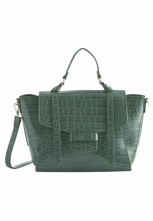 Green crocodile-textured handbag with top handle, front flap closure, and detachable shoulder strap against white background.