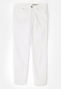 Bílé denimové džíny se střihem rovného nohavice, designem s pěti kapsami, zapínáním na knoflík a jemnými švy.