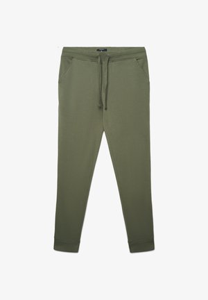 Oliwkowo-zielone spodnie dresowe wykonane z miękkiej mieszanki bawełny, z bocznymi kieszeniami, elastycznym pasem ze sznurkiem oraz zwężanymi nogawkami.