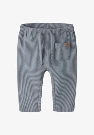 Grijze geribbelde broek met een elastische tailleband, een koord en een klein zakje. De stof heeft een zachte textuur en een verticale streepjespatroon.