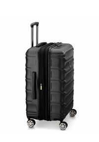 Schwarzer Hartschalenkoffer mit strukturierter Oberfläche, doppelten Reißverschluss, ausziehbarem Griff und vier drehbaren Rollen für Mobilität.