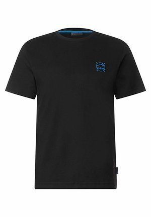 T-shirt noir à manches courtes avec col rond, petit logo bleu sur le côté gauche de la poitrine et détail bleu à l'intérieur du col.