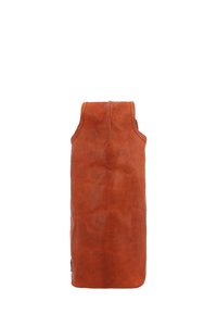 Leather bag in rich brown with smooth, slightly distressed texture. Zip closure at top, simple, structured design, rectangular shape.