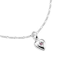 Silberner herzförmiger Anhänger mit einem kleinen rosa Stein und Sterngravur, an einer gedrehten Ketten-Halskette befestigt.