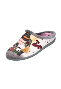 Zapatilla gris con una bruja de caricatura, estrellas y el texto "Tu Magia", con un puño de peluche y un forro interior rosa.