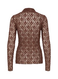 Top lungo a maniche con pizzo marrone, dal design aderente, con motivi floreali e un colletto sottile. Realizzato in un materiale leggero con una finitura texturizzata.